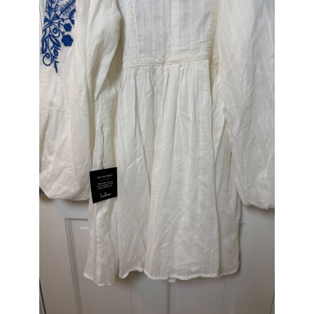 Lulus White & Blue Embroidered Shift Dress Long Puff Sleeve Size Small NWT - Picture 6 of 14
